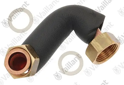 Vaillant Rohr mit einer gebogenen Form und zwei Anschlüssen, umgeben von Dichtungsringen. Ideal für Installationen in Heizungs- oder Kühlsystemen.